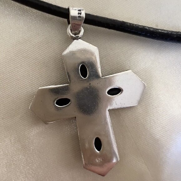 925 Sterling Silver Cross Black ONYX Necklace Leather Gemstone Unisex jewelry - Picture 13 of 16